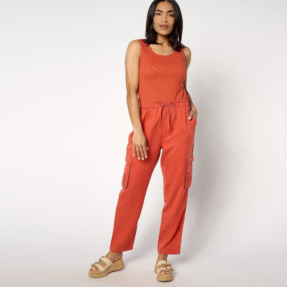 AnyBody Petite Mixed Media Cargo Jumpsuit - Paprika (Sz PL) a636693